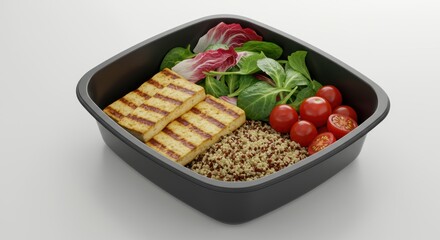 Vegan lunch box featuring grilled tofu quinoa salad with mixed greens and tomatoes for healthy plant based eating