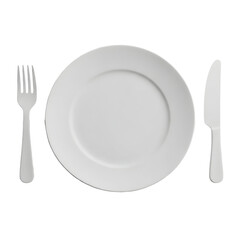 Set your table elegantly with this pristine white plate, fork, and knife, perfect for any dining occasion.