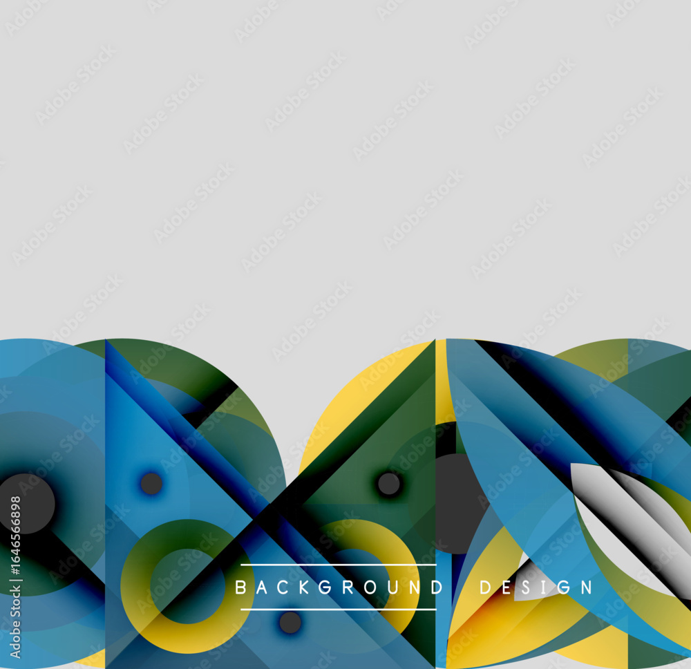 Poster abstract geometric shapes overlap, creating dynamic visual effect. colors blend, forming modern back