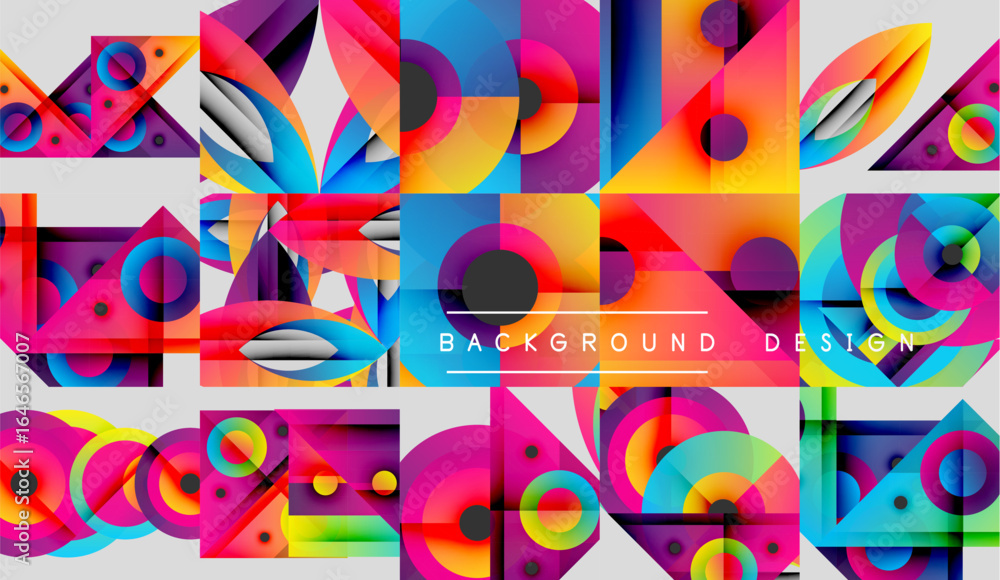 Poster abstract geometric patterns, vibrant colors, overlapping shapes create dynamic background design. mo