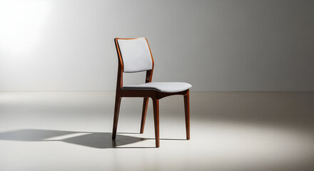 Empty chair in a modern minimalist setting with clean white background and subtle lighting