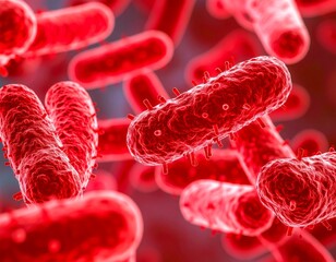 Red pathogenic bacteria in macro detail, representing infectious diseases and microbiological threats. Generated image