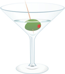 Classic Martini Cocktail:  Elegant, Clean, Vector Illustration of a Martini Glass with Olive.