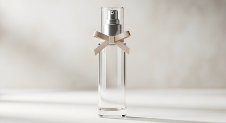 Transparent bottle with ribbon placed on a surface under soft natural lighting