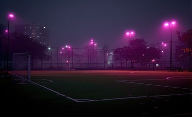 Empty soccer field at night, foggy city. Pink-hued lighting