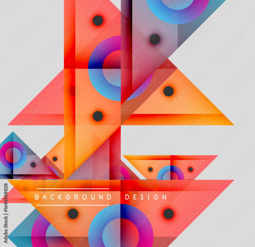 Poster abstract geometric shapes overlap, creating vibrant colorful design. circles, triangles, squares for