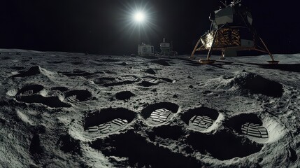 Footprints on the moon surface with lunar module and equipment under bright light in the distance