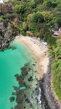 Vis&atilde;o a&eacute;rea da Praia do Cachorro, em Fernando de Noronha, mostrando &aacute;guas cristalinas, areia branca e fal&eacute;sias, destacando a beleza natural e o turismo na ilha