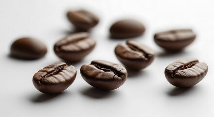 Close-up of Roasted Coffee Beans on White Surface, Selective Focus