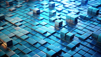Abstract futuristic digital landscape composed of illuminated blue and teal cubes and geometric shapes creating a sense of depth and technological advancement