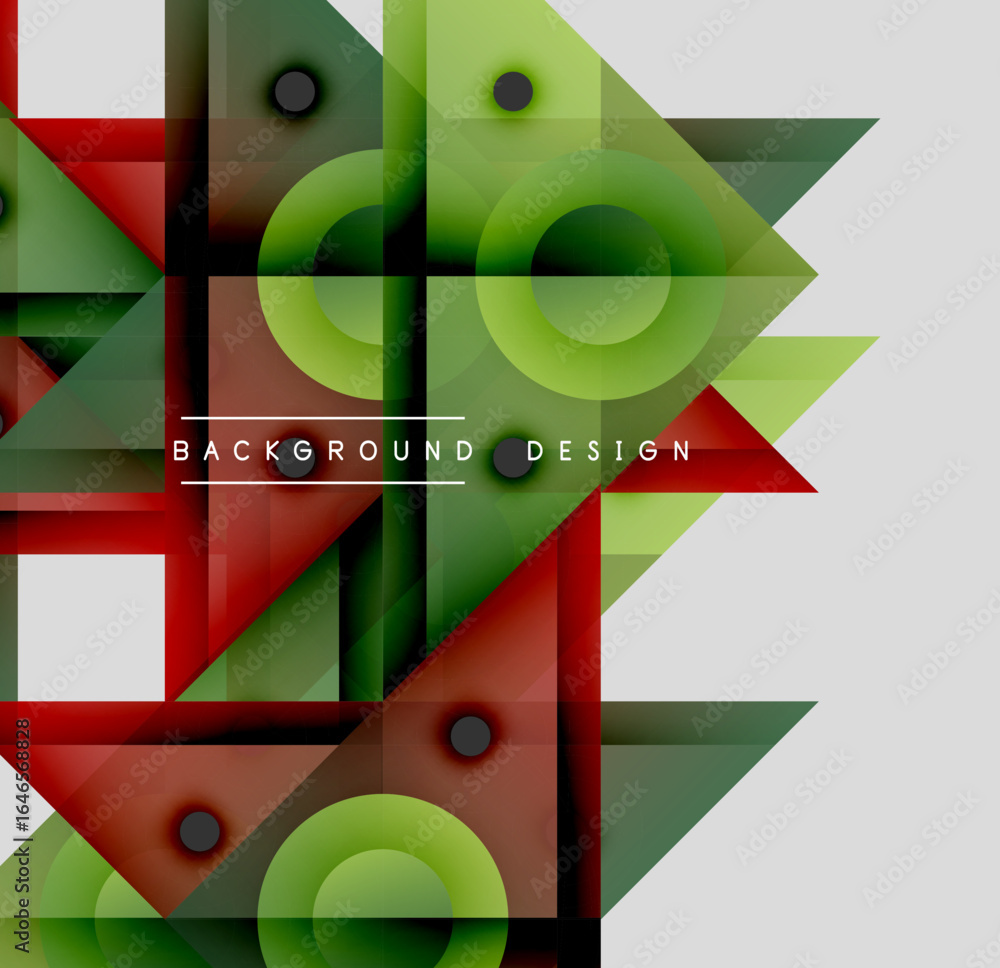 Poster abstract geometric composition. overlapping shapes create dynamic visual effect. green, red, gray hu