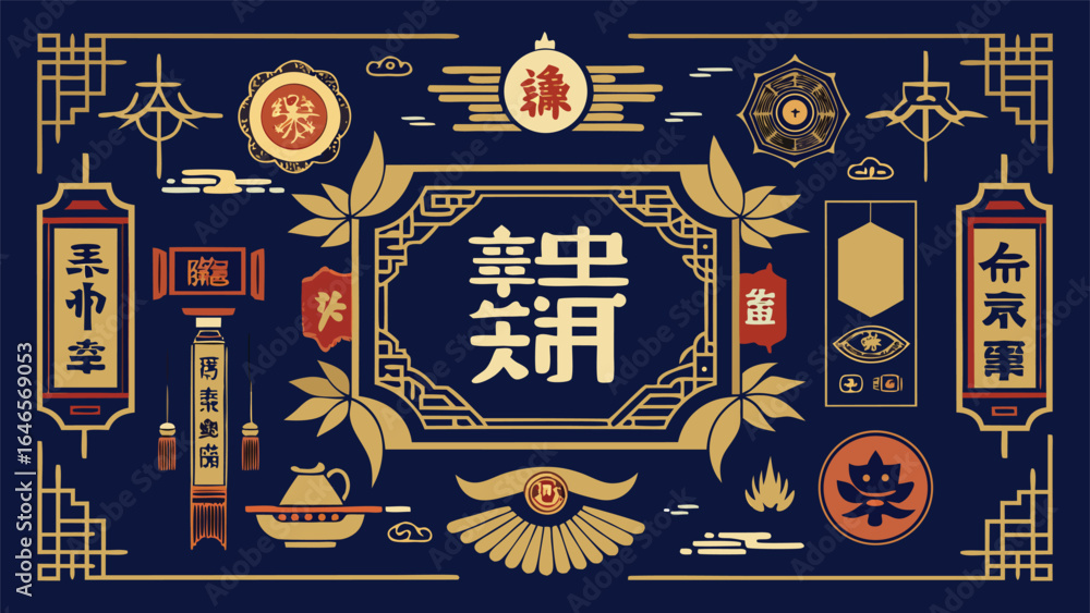 Poster a collection of chinese-style labels and frames featuring intricate designs and traditional motifs..