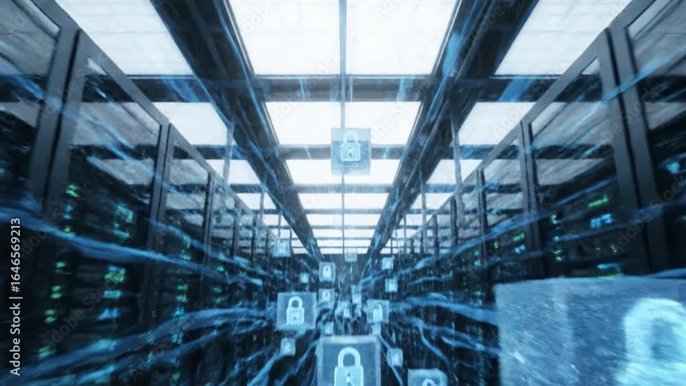 Poster futuristic data center with glowing digital locks symbolizing cybersecurity, advanced technology, an