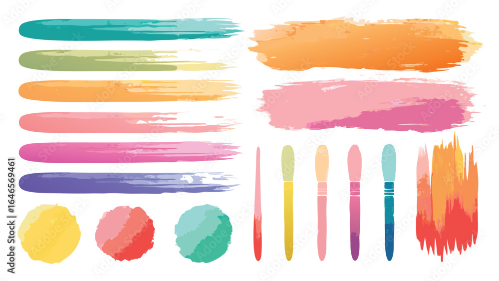 Poster a set of colorful watercolor brush strokes in various shapes and sizes on a white background..eps