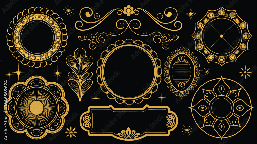 Poster decorative vector elements featuring intricate gold frames, perfect for use in graphic design and ar