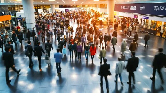 Busy crowd in an airport terminal with motion and vibrant atmosphere.