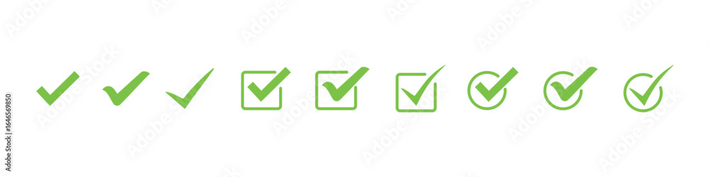 Poster green check mark icon set. check mark box square frame. check box icon with correct buttons and yes 