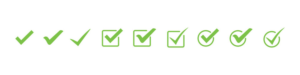 Green check mark icon set. check mark box square frame. check box icon with correct buttons and yes checkmark icons in green tick box, vector illustration n white background. 