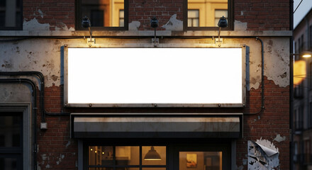Weathered Brick Facade with Blank Sign and Vintage Lighting Fixtures