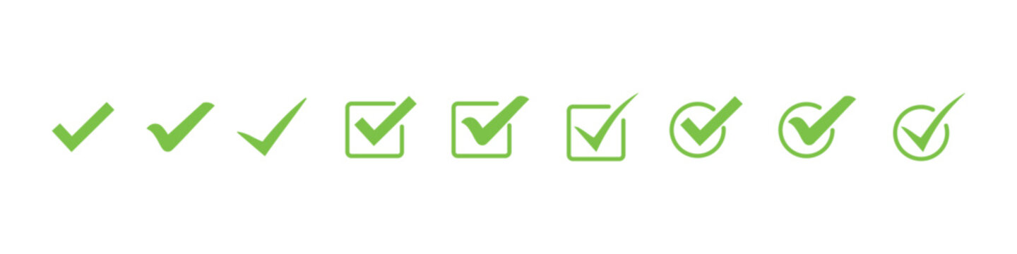 Green check mark icon set. check mark box square frame. check box icon with correct buttons and yes checkmark icons in green tick box, vector illustration n white background. 