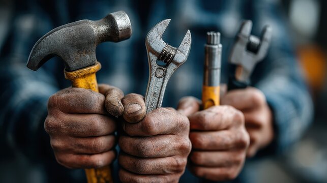 A close-up of hands holding various tools, including a hammer and wrenches, showcasing a hands-on approach to craftsmanship and repair work.
