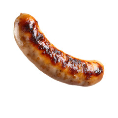 A close up image of a juicy golden brown grilled sausage floating in mid air against a white background