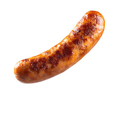 A close up shot of a mouthwatering grilled sausage suspended in mid air against a clean white background showcasing its crispy seasoned exterior and juicy interior