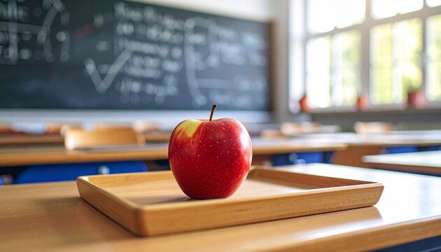 Classroom Still Life: Apple on a Tray near Blackboard and Window, A Symbol of Learning and Education in a School Environment
