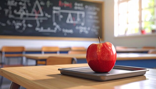 Back to School: A Red Apple on a Tray in a Classroom with a Blackboard,A Symbol of Learning: A Fresh Apple in a Schoolroom with Desks and a Window