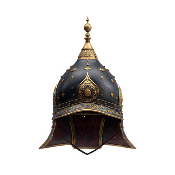 A highly detailed and ornate helmet from the Joseon dynasty of Korea featuring intricate metalwork and floating in a minimalist setting