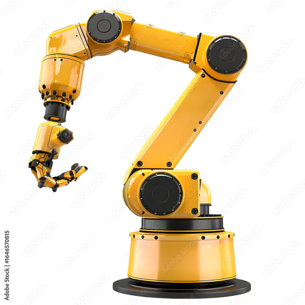 Poster robotic arm performing precise assembly tasks in a modern factory setting with machinery in the back