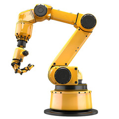 Robotic arm performing precise assembly tasks in a modern factory setting with machinery in the background
