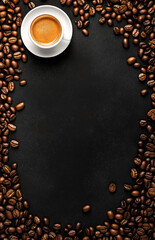 Naklejka premium A cup of coffee sits on a dark, textured background, surrounded by scattered roasted coffee beans. The image is shot from a top-down perspective.