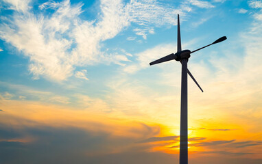 Wind mill power energy farm generator renewable sustainable field on suset, environment eco system...