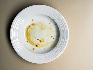 Dirty plate top view background, finished eat dinner in restautant, abstract textuer stain smearing...