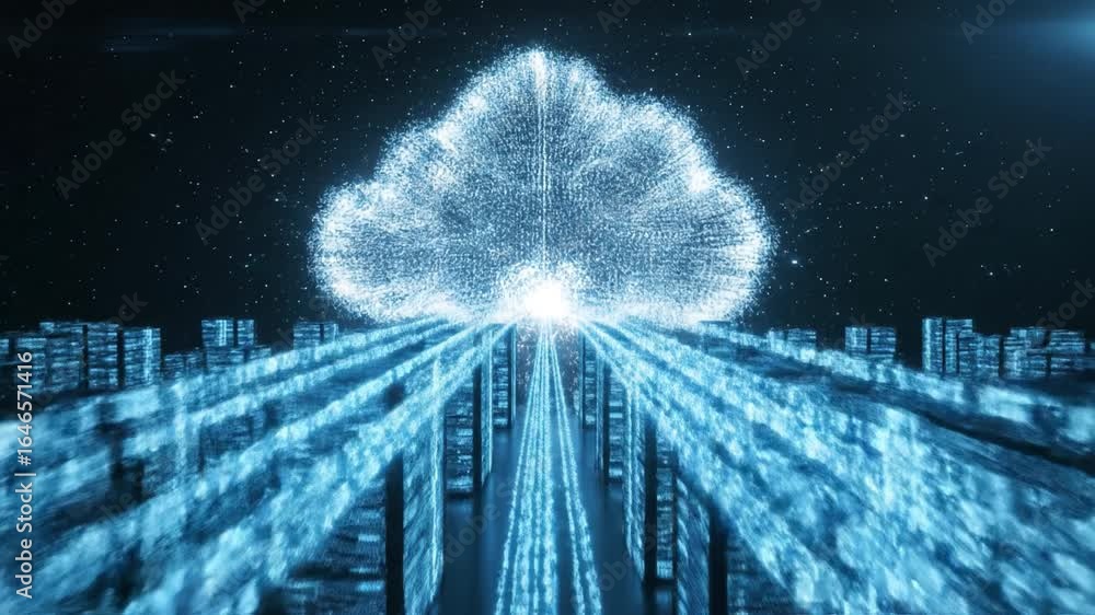 Poster futuristic digital cloud computing glowing particles flow in advanced data storage technology with d