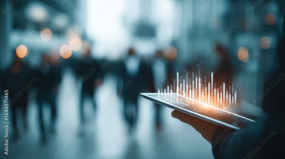 Poster a person holds a tablet displaying data visualizations, with a blurred crowd in the background, sugg