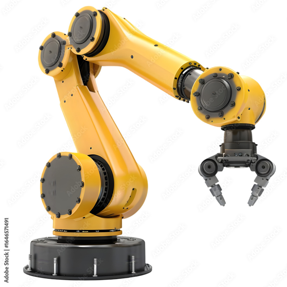 Poster robotic arm in a factory setting, performing assembly tasks with precision and efficiency