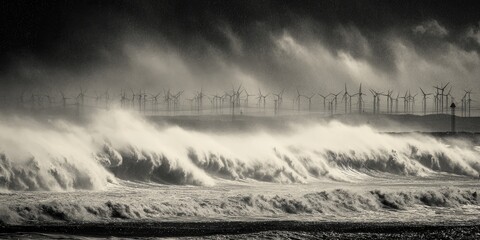 Stormy waves crash against wind turbines