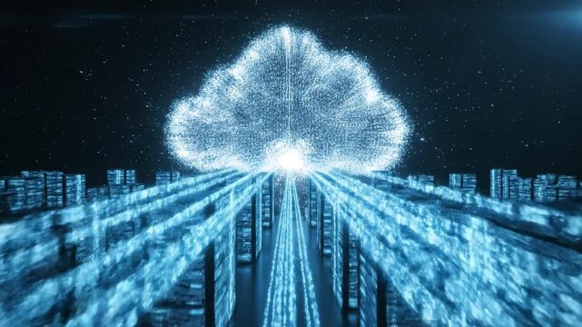 Futuristic Digital Cloud Computing Glowing Particles Flow in Advanced Data Storage Technology with Dynamic Streams and Illuminated Server Racks