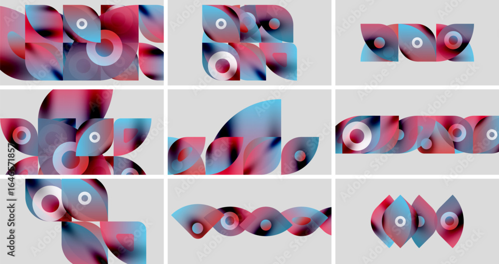 Poster abstract shapes, vibrant colors, red, blue hues. overlapping forms create dynamic visual patterns, m