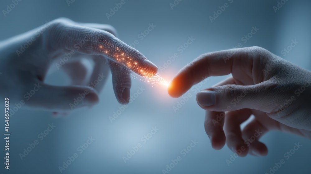 Poster a digital representation of two hands reaching toward each other, symbolizing connection and interac