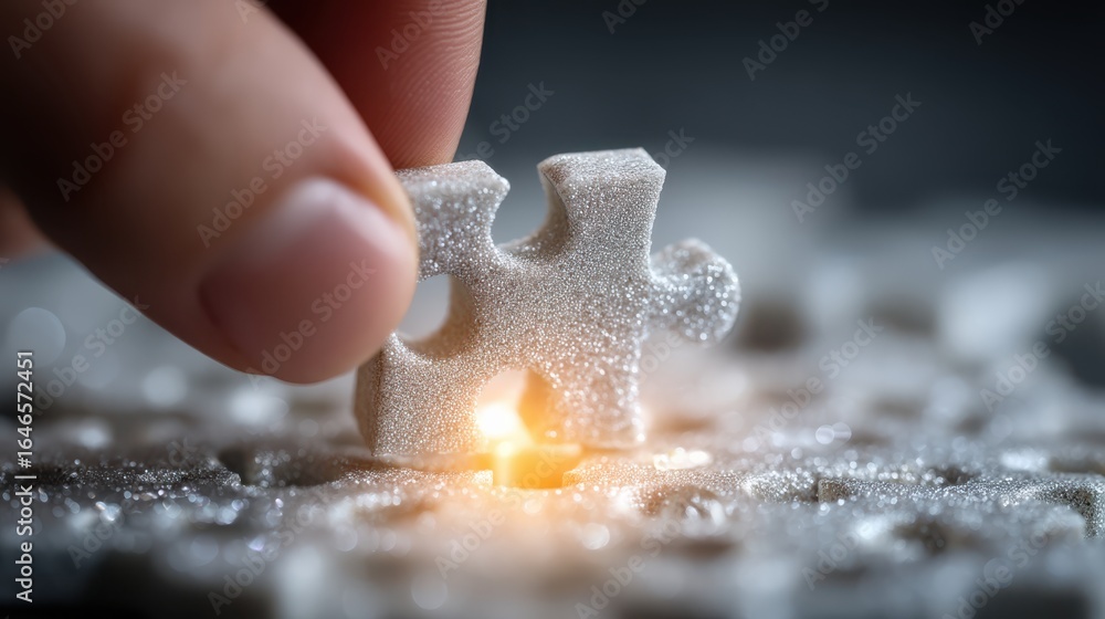 Poster a hand placing a sparkling puzzle piece into a glowing space, symbolizing the search for completion 