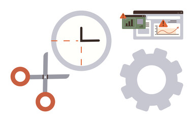 Clock cut by scissors, analytics warning signs on screens, and gear depict task prioritization, problem-solving, productivity, workflow optimization. Ideal for efficiency, time management