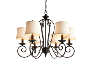 Angled View of Black Metal Five-Light Chandelier with White Linen Shades, Ornate Design, Isolated on Transparent Background