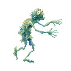 Obraz premium Haunting watercolor depicting a decaying green hued zombie figure with a ghoulish skeletal appearance lurching forward with outstretched slimy limbs