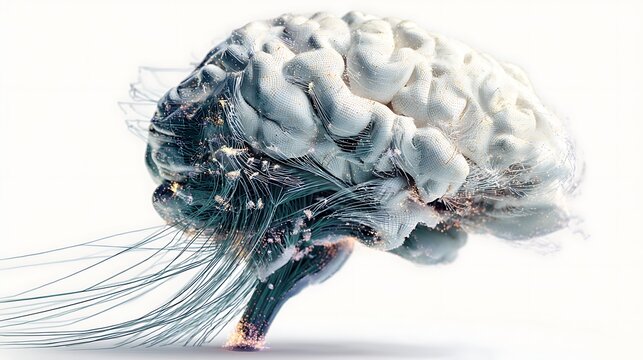 A digital brain made of circuits and data streams on a white background - Powered by Adobe