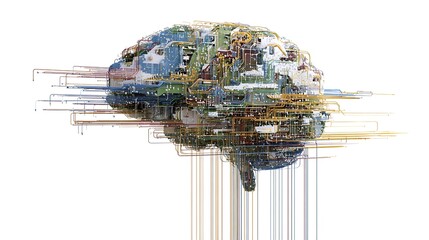A digital brain made of circuits and data streams on a white background