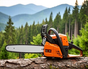 Chainsaw rests on a log against a backdrop of mountains and trees