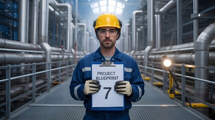 A serious male worker wearing a yellow hard hat and blue uniform stands in a factory hallway holding a clipboard with a safety checklist and the number seven